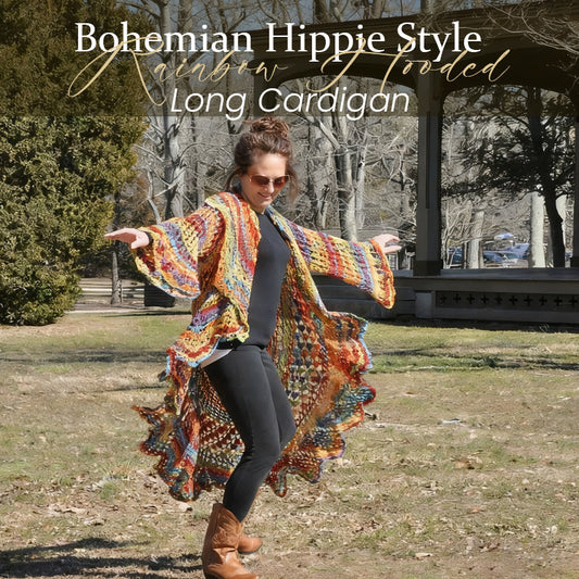 🌼 Langer, gehäkelter Cardigan mit Kapuze im Bohemian-Hippie-Stil mit Regenbogenmuster 🦋